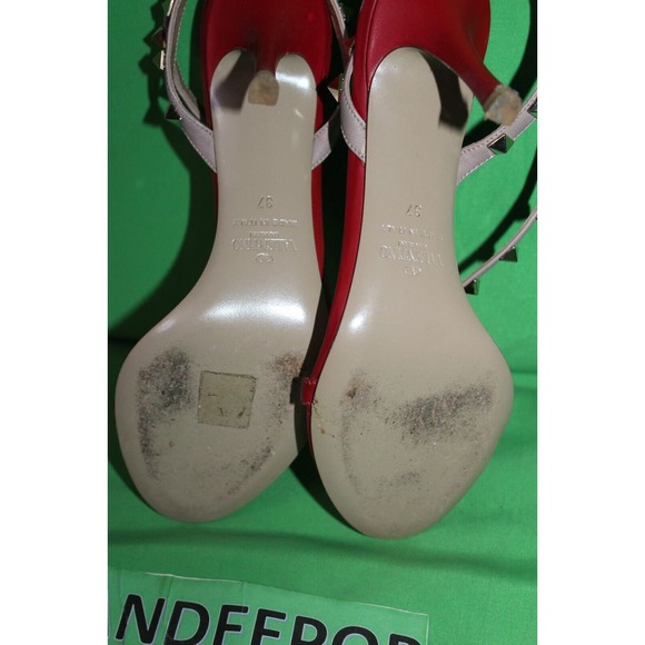 Valentino Garavani Gold Rockstud Red Calfskin Leather Sandal Heels Size 37 - Picture 9 of 11